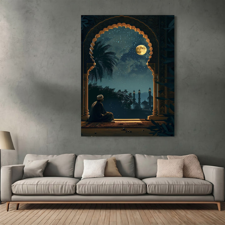 Wadi Home wall art print featuring a person looking through a traditional archway at a moonlit night landscape.