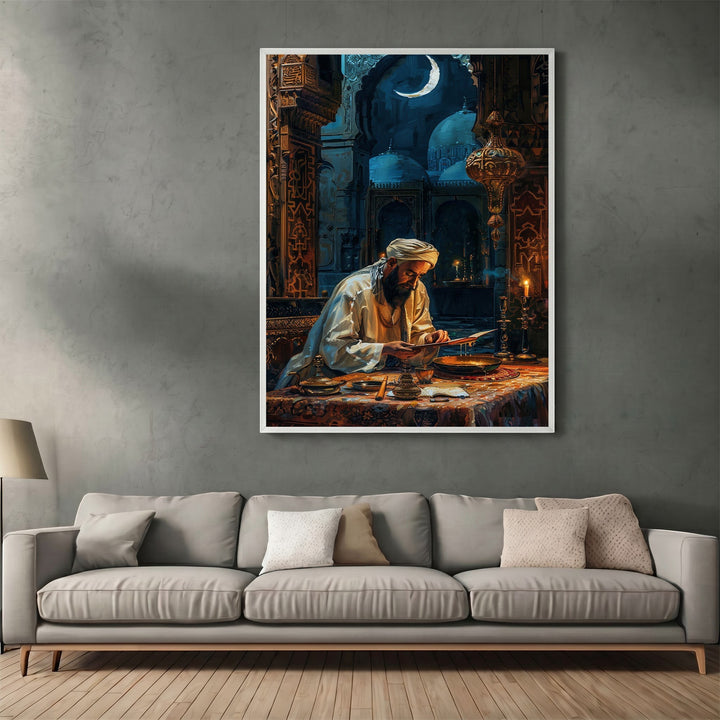 Wadi Home traditional scholar reading wall art print featuring a man studying by candlelight in a moonlit setting.