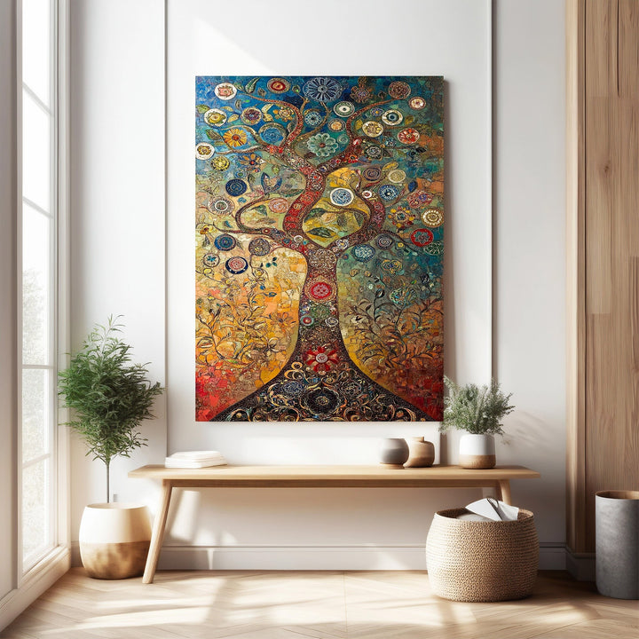 Wadi Home vibrant Tree of Life wall art with intricate colorful details, symbolizing growth and abundance.