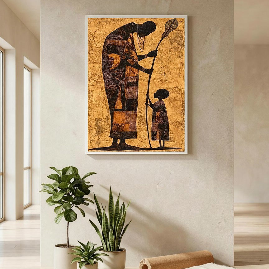 Wadi Home framed wall art depicts tribal elder guiding child in earthy tones of gold, brown, and black with intricate patterns.