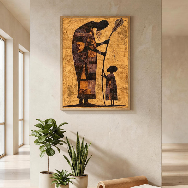 Wadi Home framed wall art depicting tribal elder guiding child in earthy tones of gold, brown, and black.