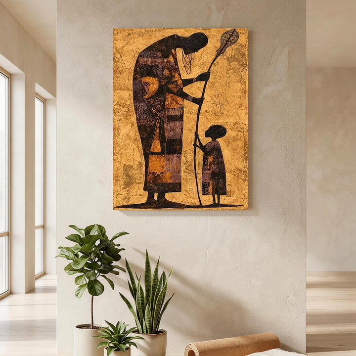 Wadi Home tribal elder and child wall art in gold, brown, and black. Textured silhouette with intricate patterns and staff.