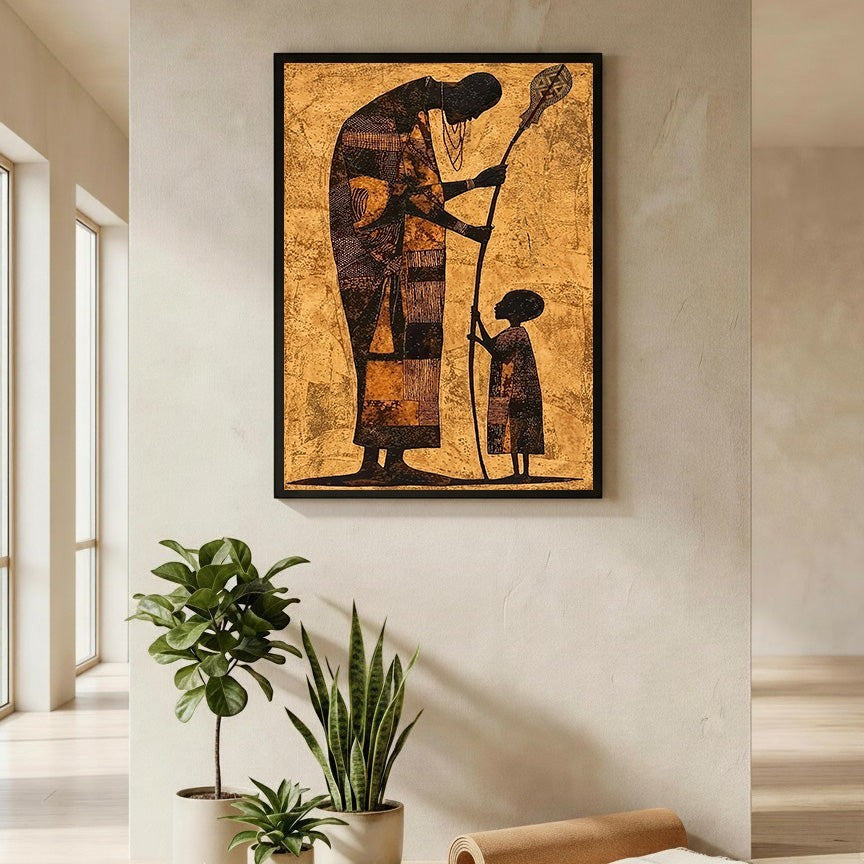 Wadi Home tribal elder and child wall art in gold, brown, and black textured print. Elder guides child with staff.