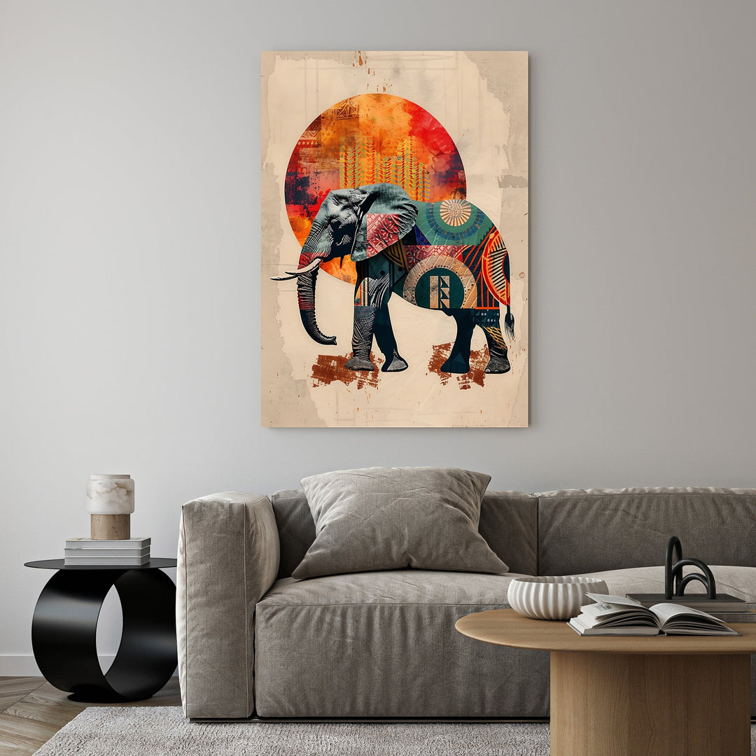 Wadi Home Tribal Elephant Wall Art with vibrant, intricate patterns and a large orange sun. Bohemian style.