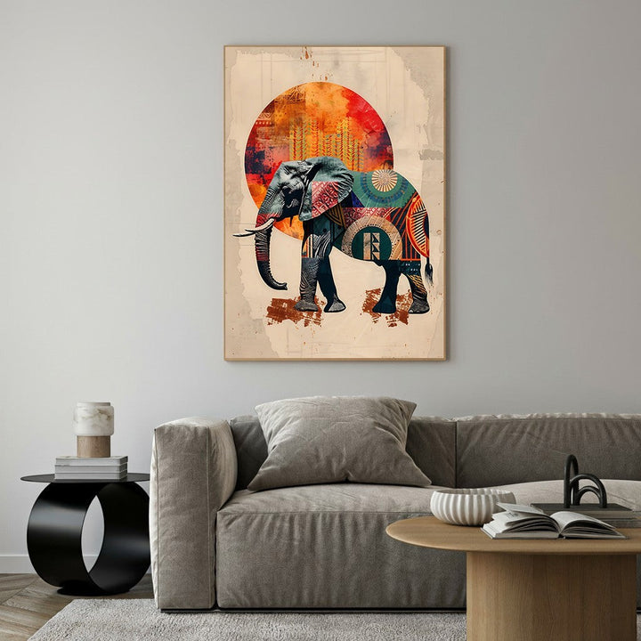 Wadi Home Tribal Elephant Wall Art with vibrant, intricate patterns and a warm, earthy tone. Bohemian style.