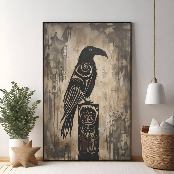 Wadi Home Tribal Raven Wall Art featuring a black raven silhouette with tribal patterns on an abstract, textured background in earthy tones.