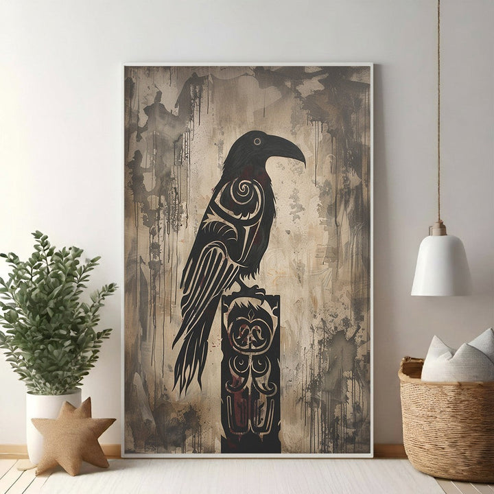 Wadi Home Tribal Raven Wall Art featuring a black raven silhouette with tribal patterns on an abstract, textured background in earthy tones.