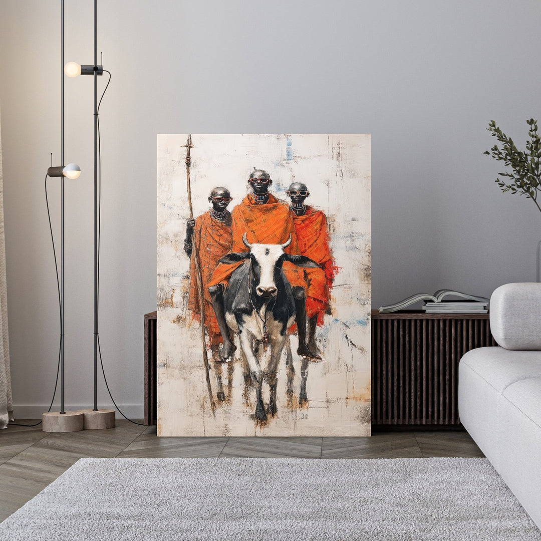 Wadi Home tribal warriors in orange robes with a cow, abstract textured background, cultural savanna art.