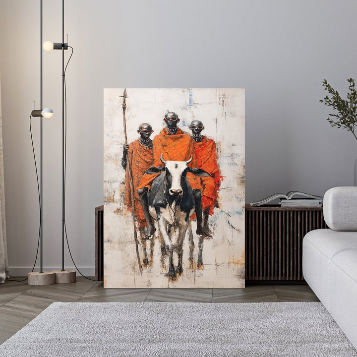 Wadi Home tribal warriors in orange robes with a cow, abstract textured background, cultural savanna art.