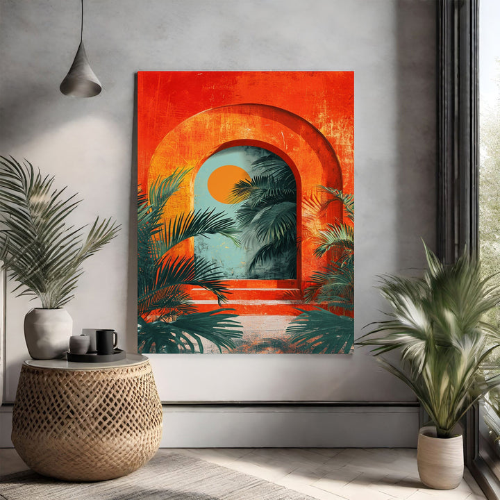 Wadi Home tropical archway art print with palm fronds and orange sun. Vibrant orange archway with lush green palm leaves and a bright orange sun against a teal sky.