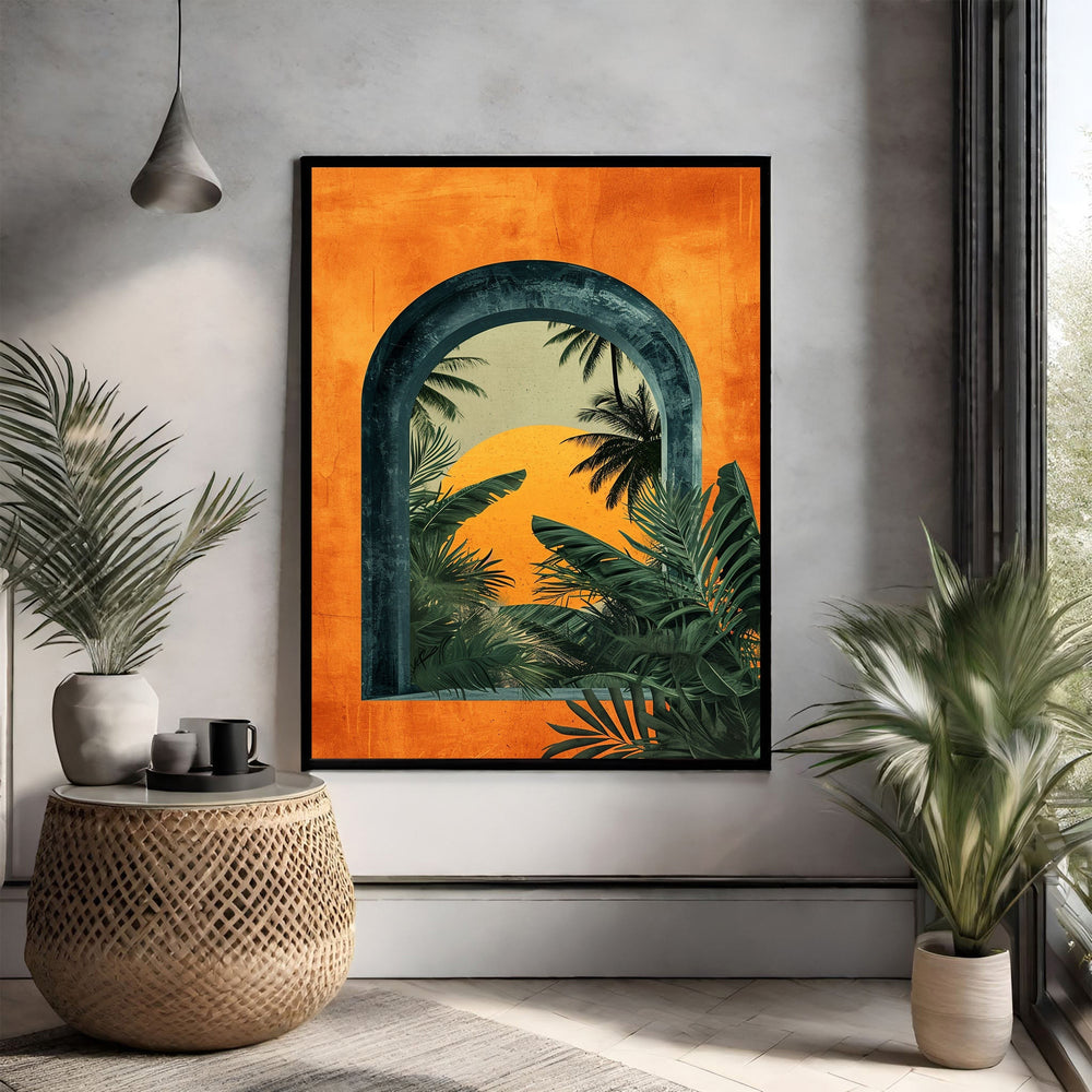 Wadi Home tropical archway wall art with a vibrant orange sunset framing a lush jungle scene with palm trees.