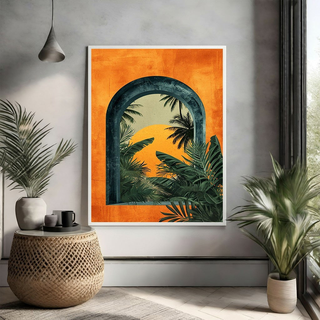 Wadi Home tropical archway wall art with vibrant orange sunset and lush green palm trees.