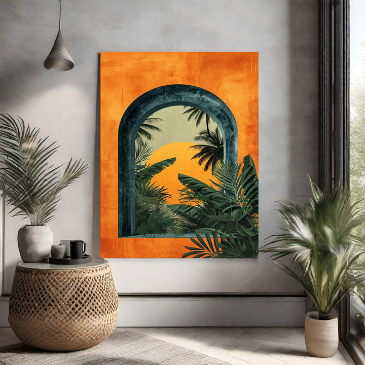 Wadi Home tropical archway sunset wall art with orange frame, dark arch, palm trees, and jungle foliage.