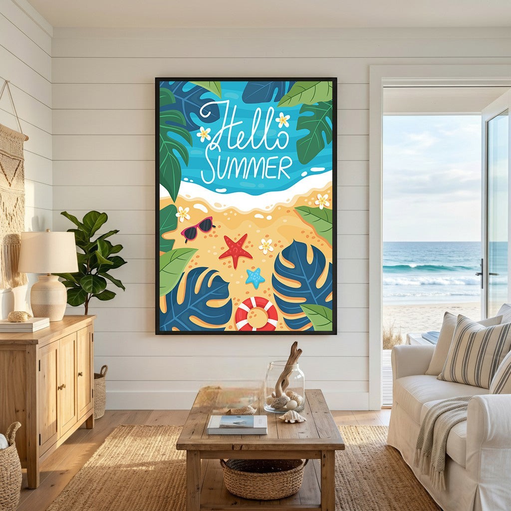 Wadi Home Hello Summer tropical beach wall art print featuring monstera leaves and ocean motifs in a coastal living room