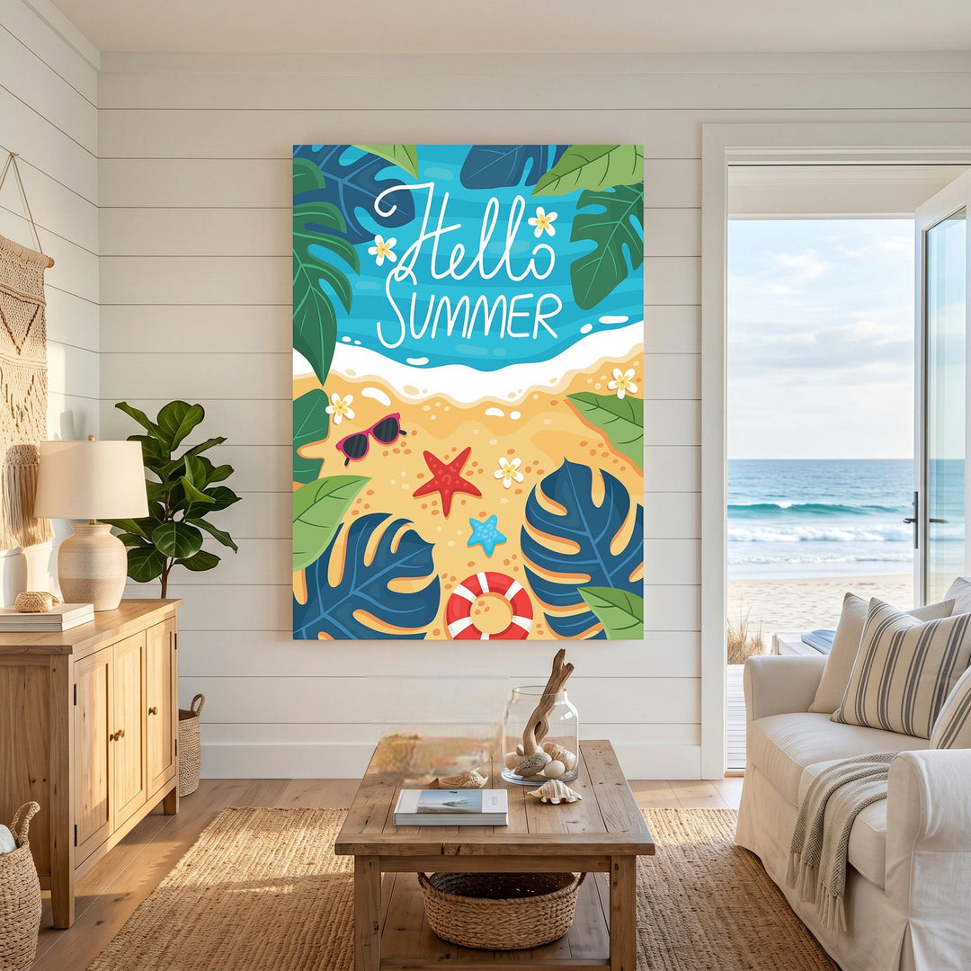 Wadi Home Hello Summer tropical beach wall art print featuring monstera leaves and beach icons in a coastal living room