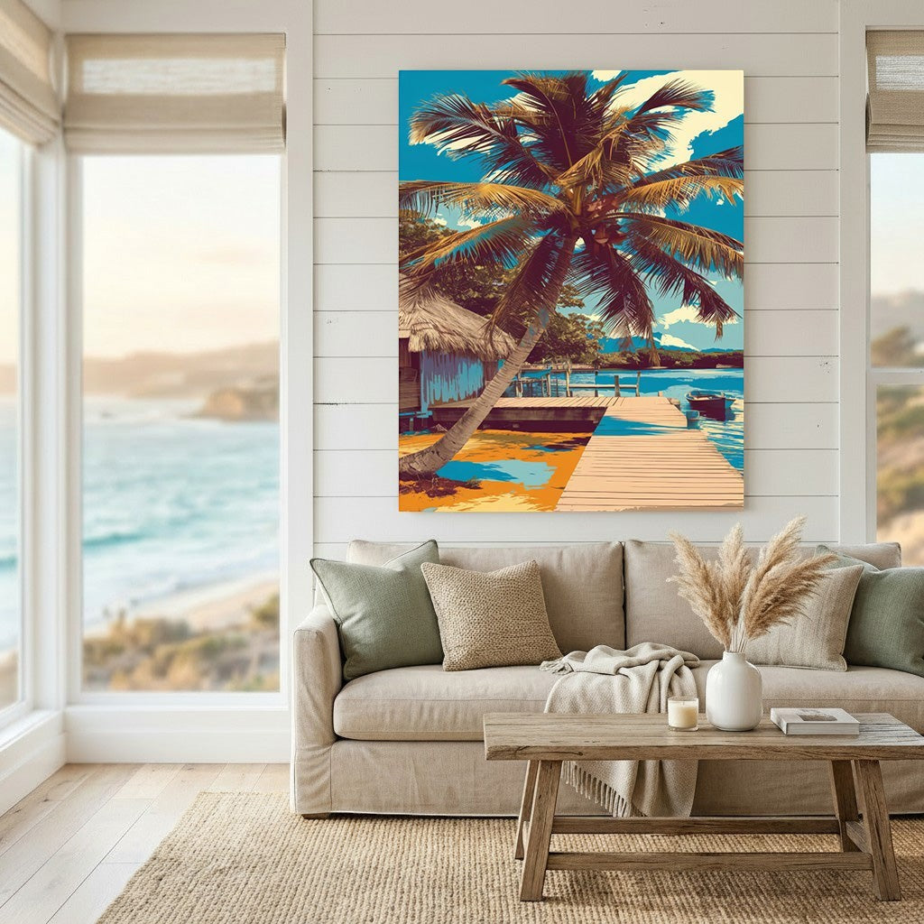 Wadi Home tropical coastal landscape wall art print featuring a palm tree and wooden pier above a beige living room sofa