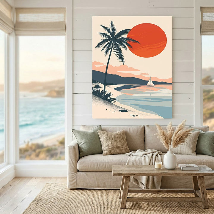 Wadi Home minimalist tropical coastal landscape wall art print featuring a sunset, palm tree, and sailboat in a living room.