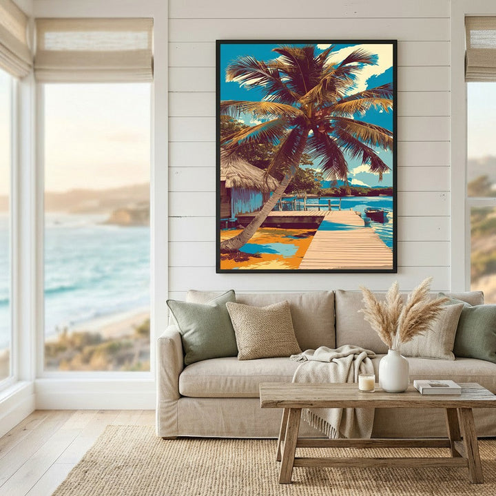 Wadi Home tropical coastal landscape wall art print featuring a palm tree and pier above a beige sofa in a living room