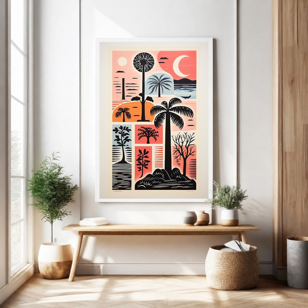 Wadi Home tropical landscape collage wall art with palm trees, flora, and crescent moon in sunset colors.