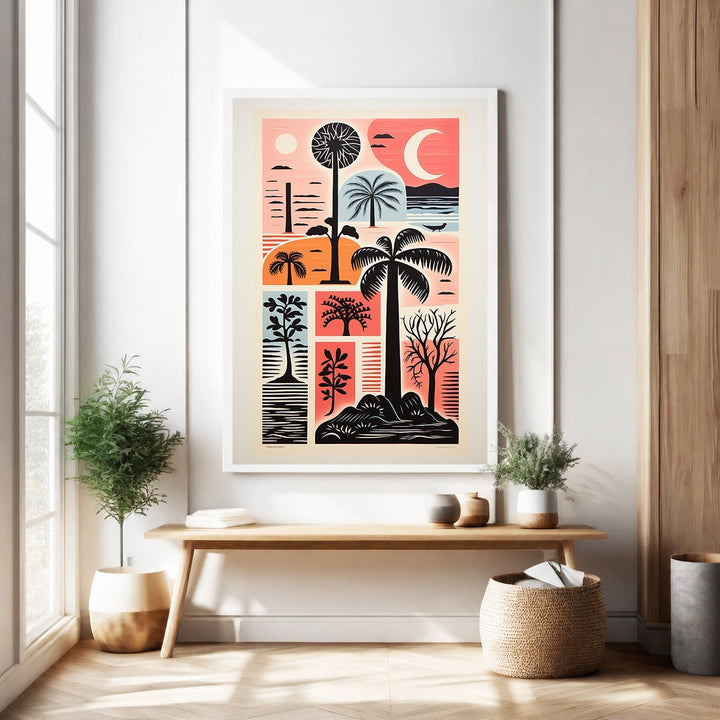 Wadi Home tropical landscape collage wall art with palm trees, flora, and crescent moon in sunset colors.