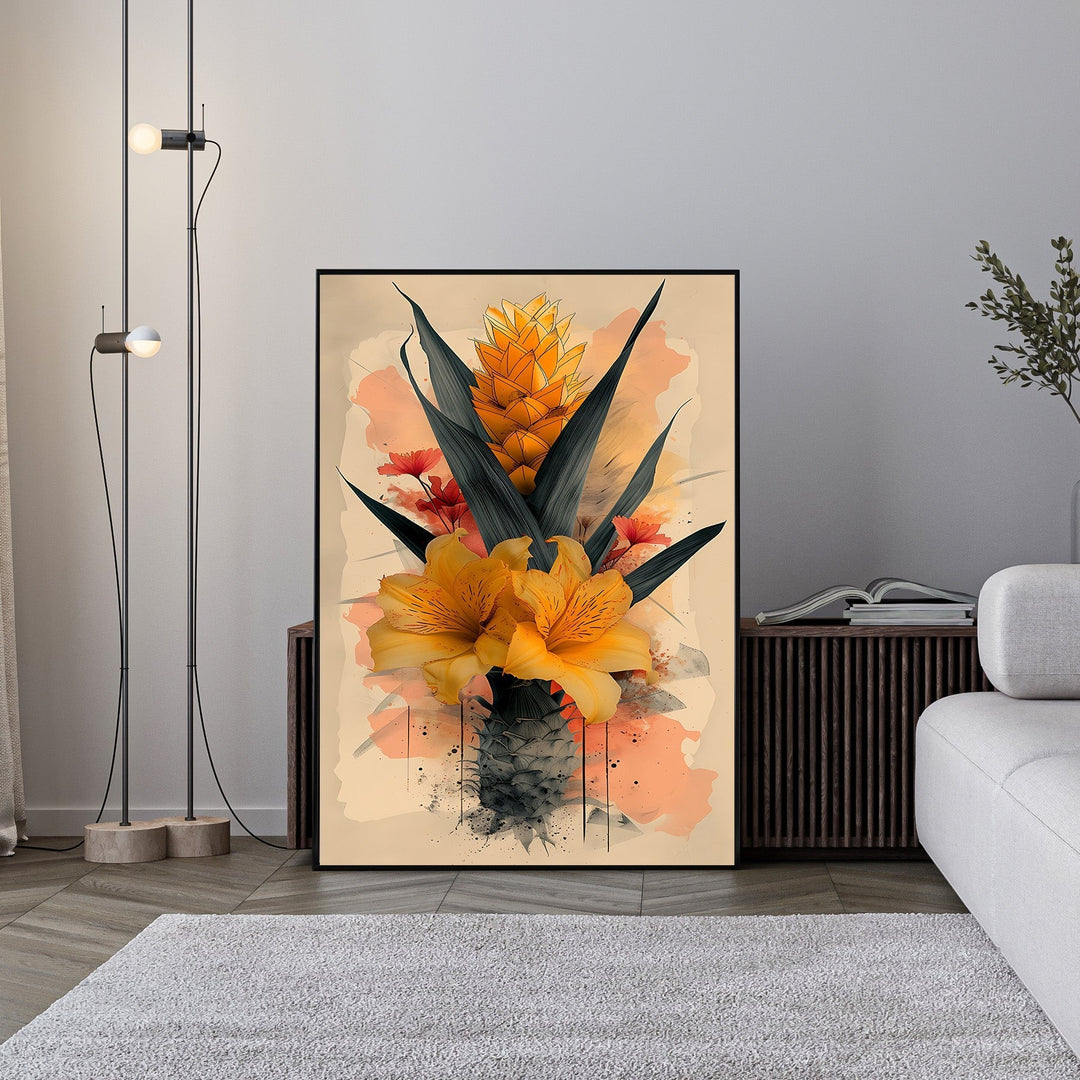 Wadi Home tropical floral arrangement wall art featuring golden lilies, pineapple bloom, green foliage, and coral accents in watercolor style.