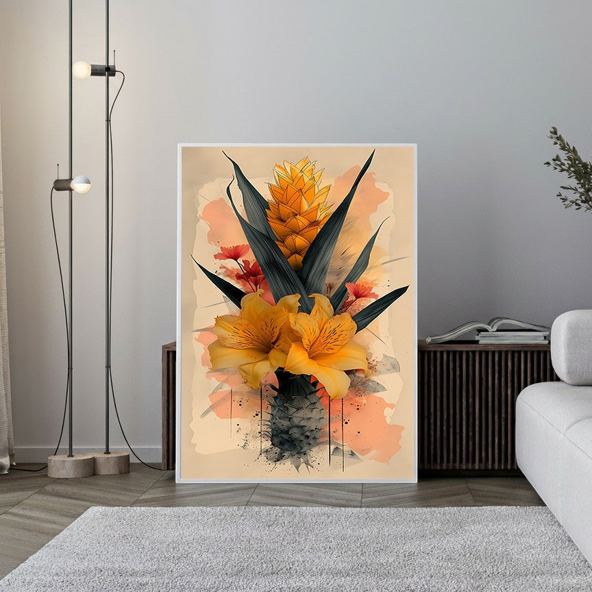 Wadi Home tropical floral arrangement wall art with golden lilies, pineapple bloom, green foliage, and coral accents in watercolor style.