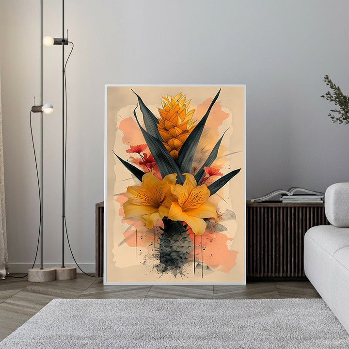 Wadi Home tropical floral arrangement wall art with golden lilies, pineapple bloom, green foliage, and coral accents in watercolor style.