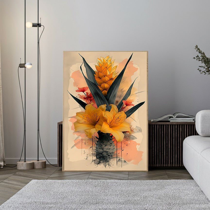 Wadi Home tropical floral arrangement wall art with golden lilies, pineapple bloom, green foliage, and coral accents in watercolor style.