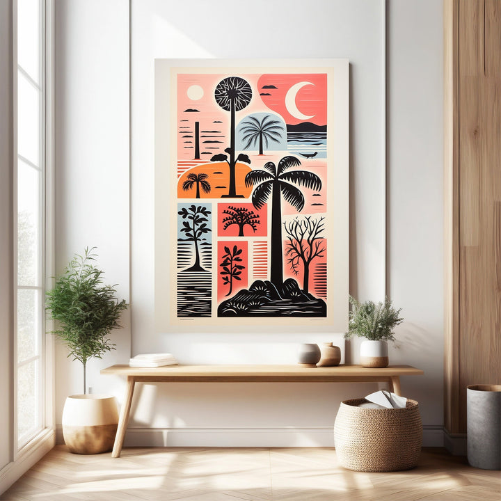 Wadi Home Tropical Landscape Collage Wall Art featuring palm trees, exotic flora, and a crescent moon in a sunset palette.
