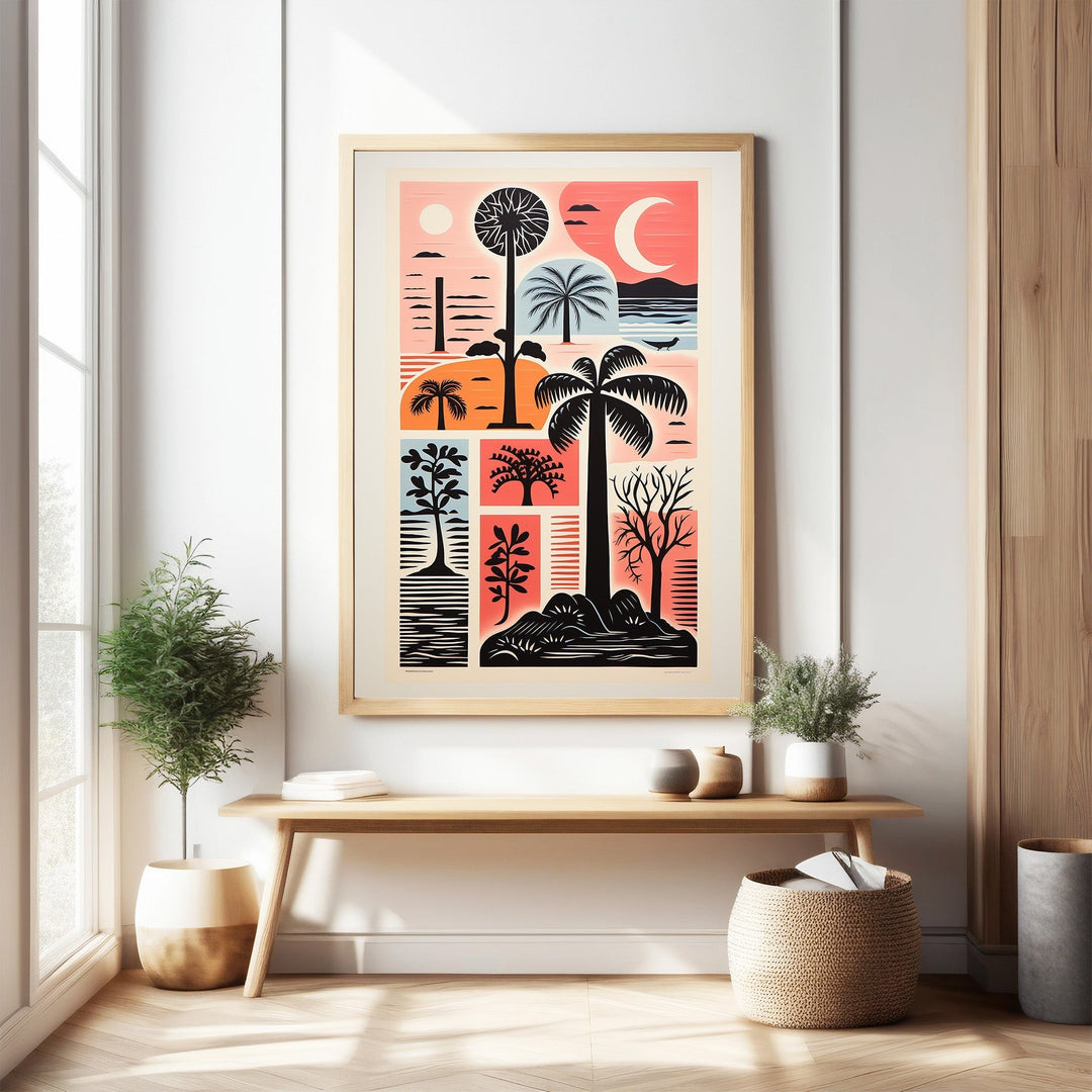 Wadi Home tropical landscape collage wall art with palm trees, crescent moon, and sunset colors.