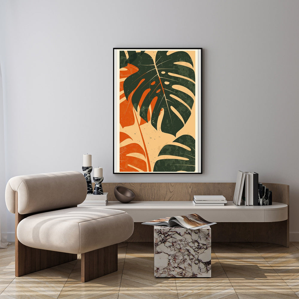 Wadi Home abstract Monstera leaf art with deep green and orange leaves on a neutral background, modern botanical style.