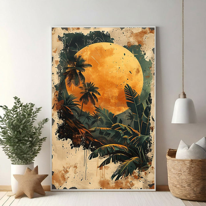 Wadi Home tropical jungle wall art with a large orange moon over silhouetted palm trees and lush foliage in a distressed, painterly style.
