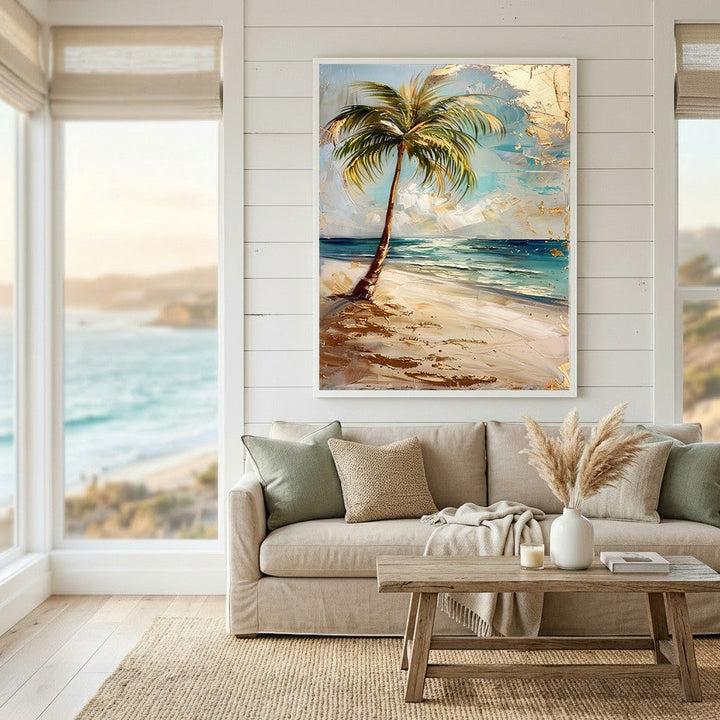 Wadi Home tropical beach palm tree framed wall art with textured brushstrokes and metallic gold accents in a living room