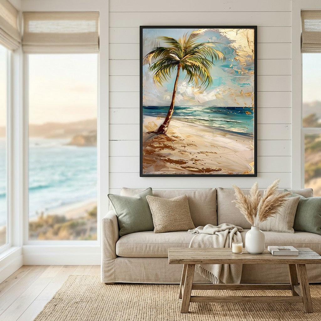 Wadi Home framed tropical beach palm tree wall art with textured brushstrokes and gold accents above a beige sofa.