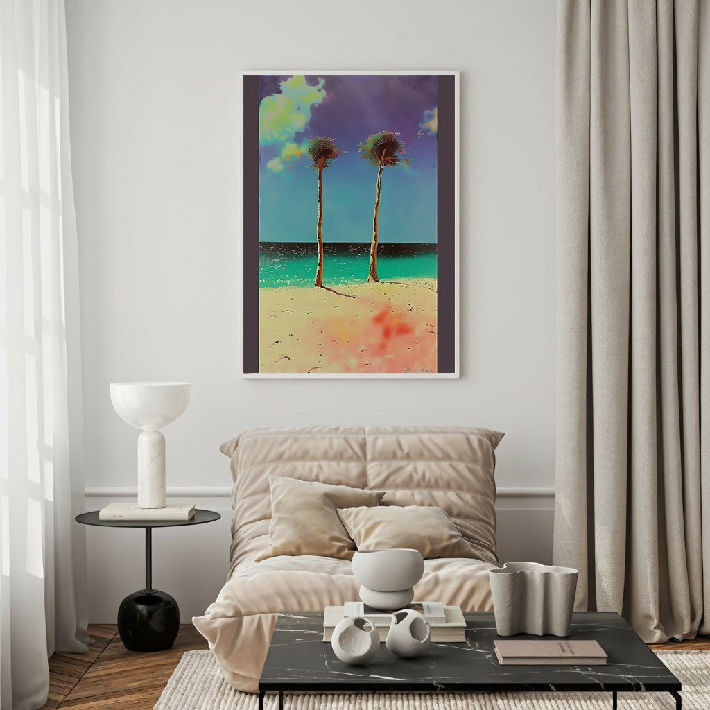 Wadi Home framed tropical beach landscape art with two palm trees, turquoise ocean, and sandy beach.