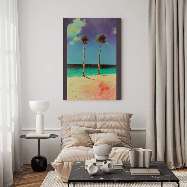 Wadi Home tropical beach landscape art with two palm trees, turquoise ocean, and sandy beach.