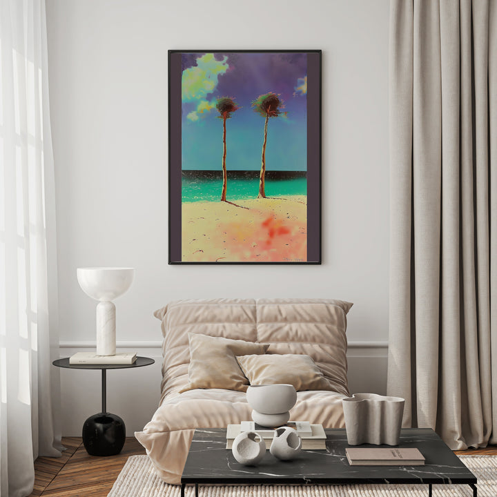 Wadi Home tropical beach landscape art with two palm trees, turquoise ocean, and sandy beach. Vibrant sky with clouds.