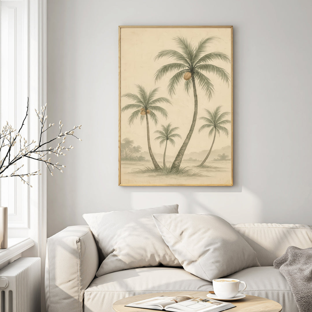 Wadi Home vintage-style tropical palm tree landscape art. Muted green and beige tones, pencil illustration.