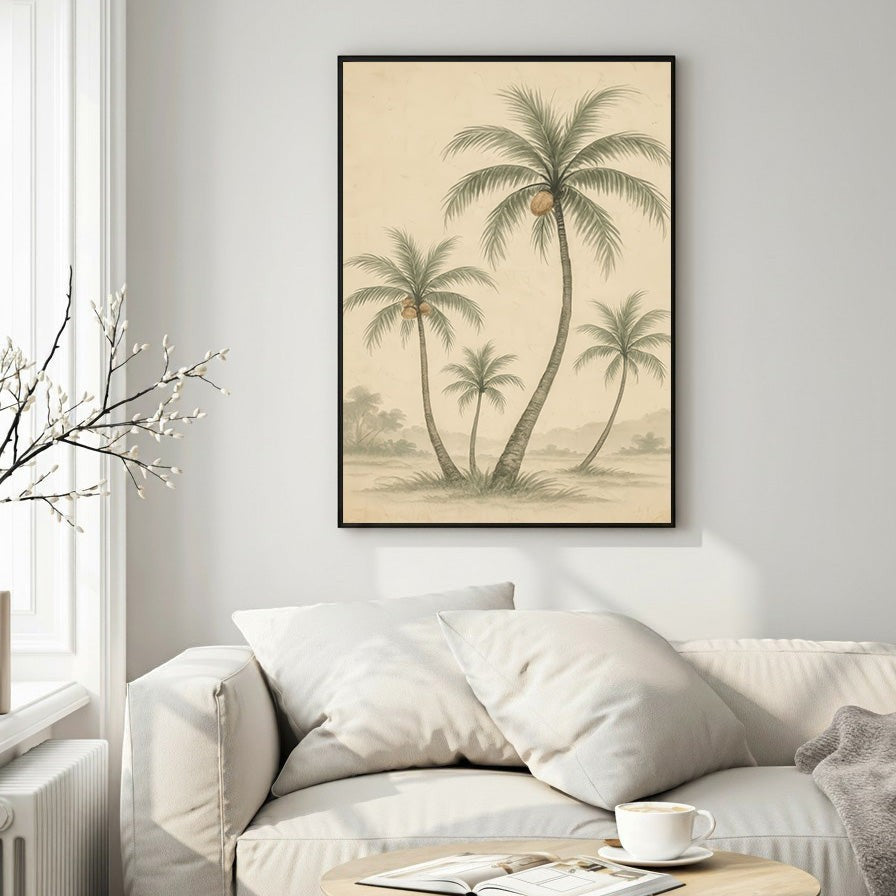 Wadi Home framed tropical palm tree landscape art, vintage illustration, muted green and beige tones, pencil sketch style.