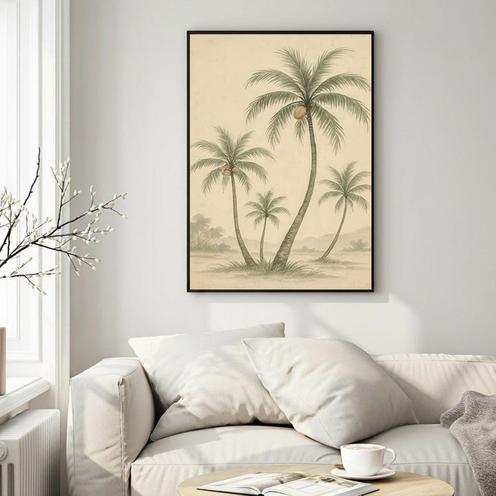 Wadi Home framed tropical palm tree landscape art, vintage illustration, muted green and beige tones, pencil sketch style.