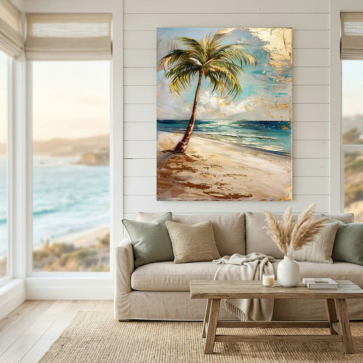 Wadi Home tropical beach palm tree framed wall art with textured brushstrokes and metallic gold accents in a living room