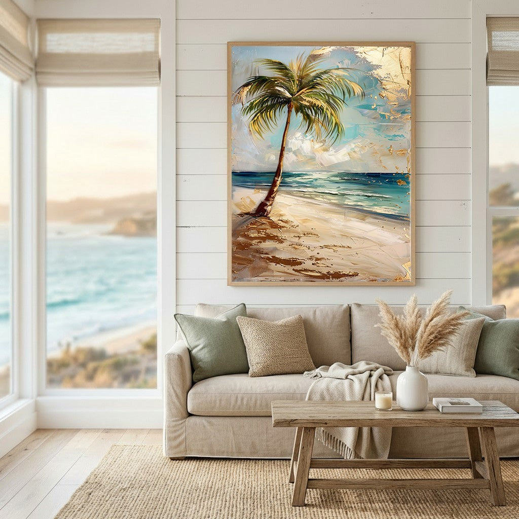 Wadi Home tropical beach palm tree framed wall art with textured brushstrokes and gold accents in a coastal living room.
