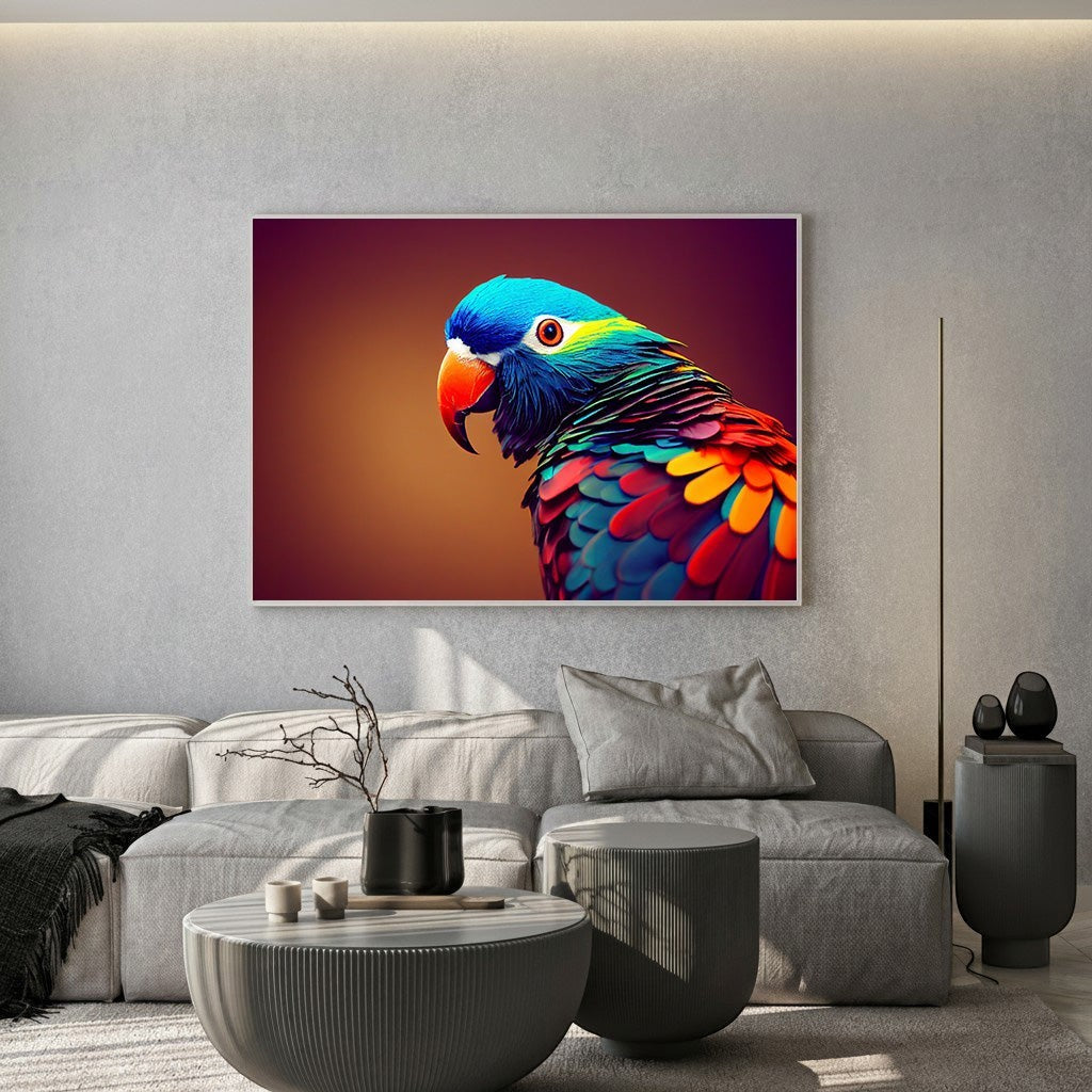 Wadi Home exotic tropical parrot wall art print with vibrant blue and red plumage hanging above a modern grey sofa.