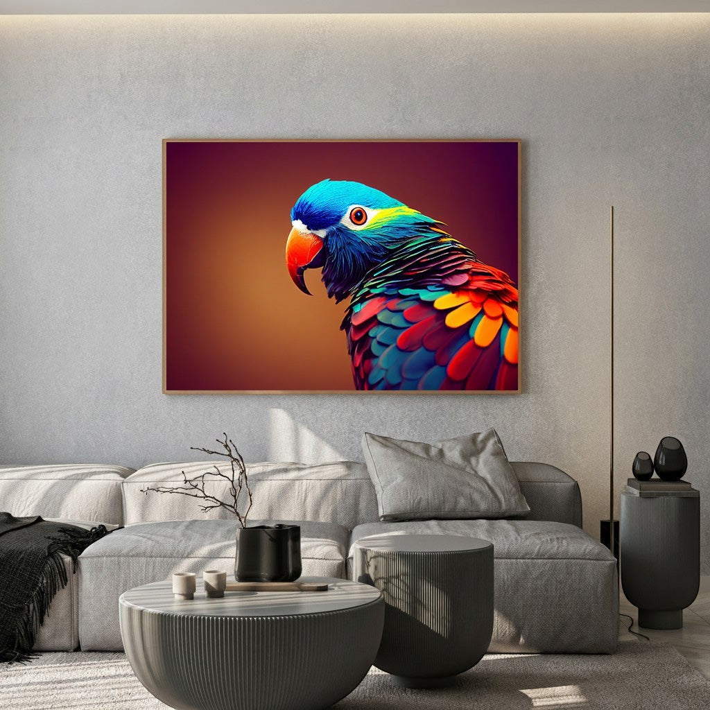 Wadi Home exotic tropical parrot wall art print with vibrant blue, red, and yellow feathers in a modern living room.