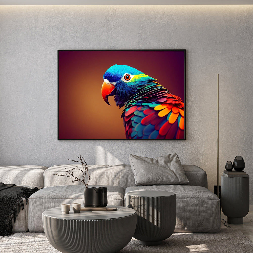 Wadi Home exotic tropical parrot wall art print featuring vibrant blue and red plumage in a modern living room.