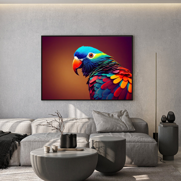 Wadi Home exotic tropical parrot wall art print featuring vibrant blue and red plumage in a modern living room.