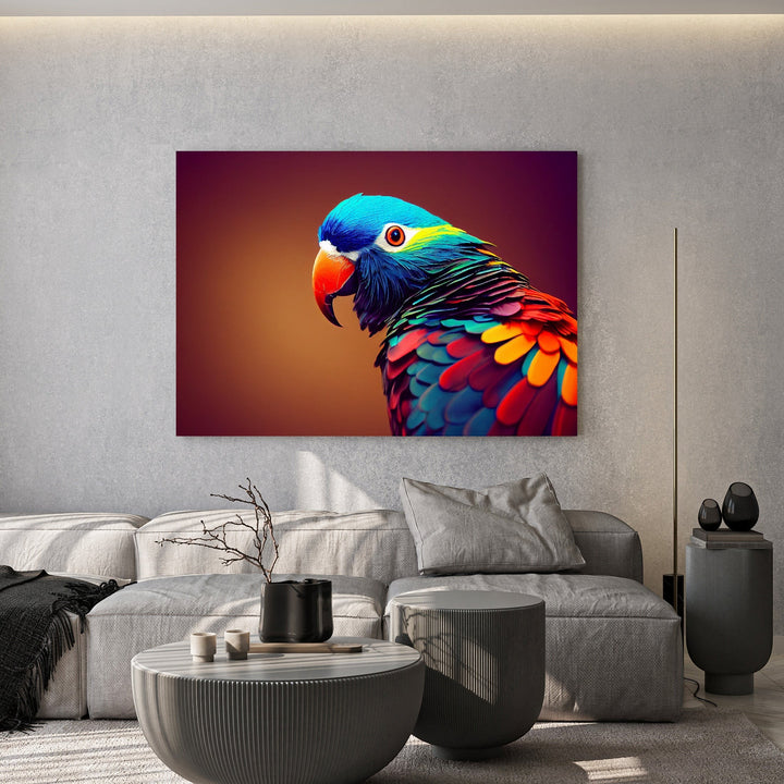 Wadi Home exotic tropical parrot wall art print with vibrant blue, red, and yellow feathers in a modern living room.