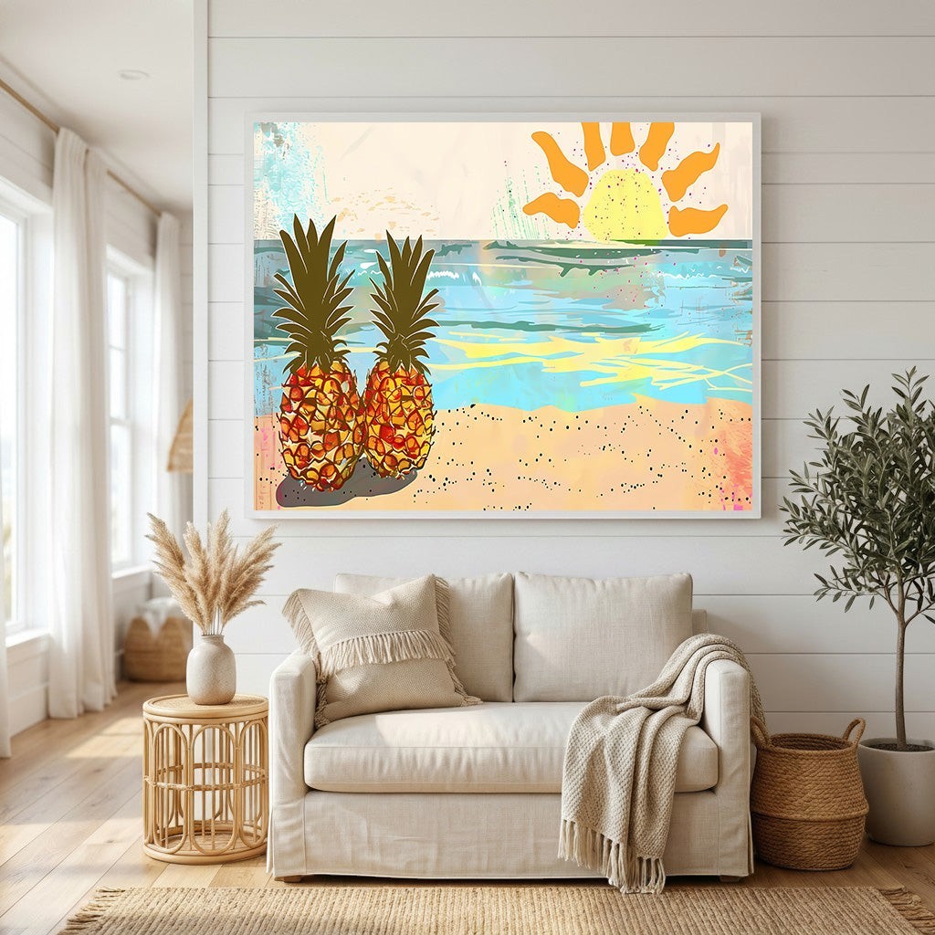 Wadi Home tropical pineapple beach wall art print featuring a sun, ocean, and sand in a modern living room setting.