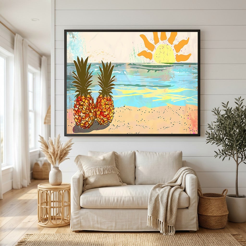 Wadi Home tropical pineapple beach wall art print featuring golden pineapples and a sun over a teal ocean in a living room