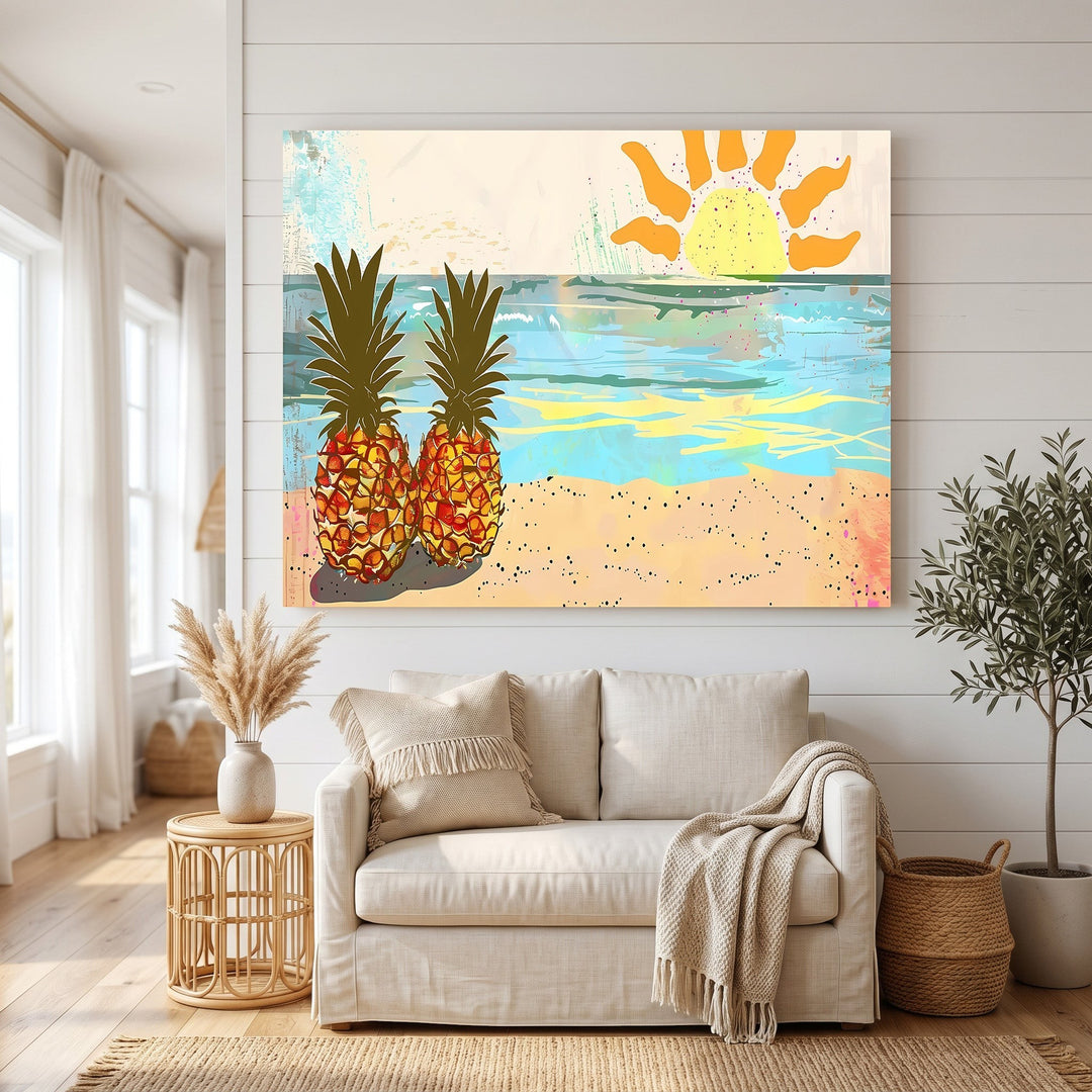 Wadi Home tropical pineapple beach wall art print featuring a sun-drenched coastal scene above a modern beige sofa.